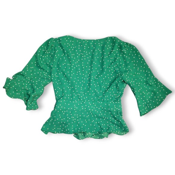 BB DAKOTA - Bright Green & White Polka Flared Sleeve Wrap Blouse Size Small - Picture 5 of 9